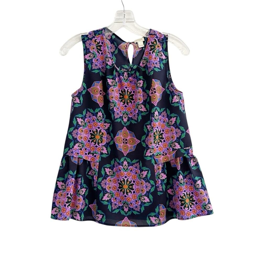 J Crew Floral Print Sleeveless Flounce Top Peplum Shirt Blouse Purple Black Sz 2